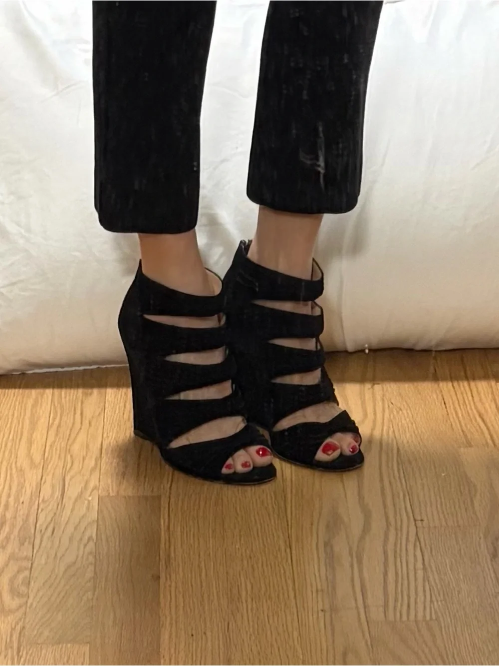 Christian Louboutin Black Strappy Suede Wedge Sandals